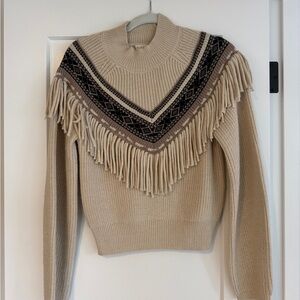 Altar'd State Beige and Black Fringed Turtleneck Sweater